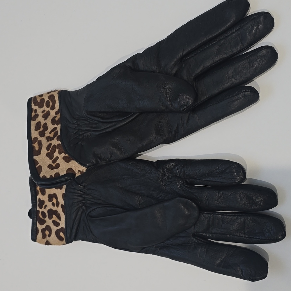 NEW ✅Vintage Leather Cashmere & Wool Black Gloves with Leopard-Print Design MED